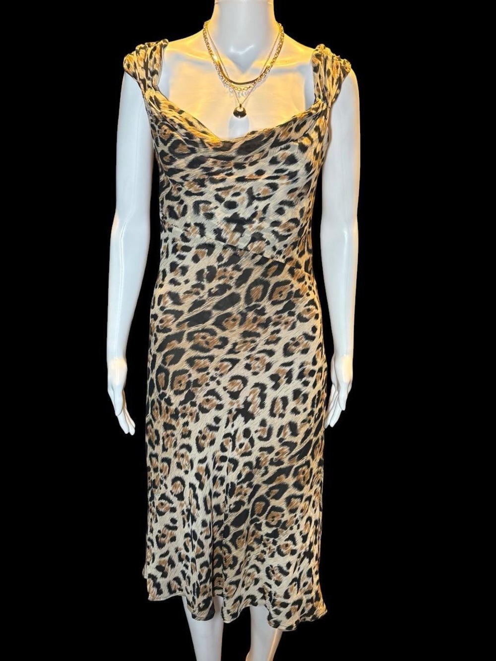 Leopard Print Cowl Neck Slip Dress - Brown/Black Silk